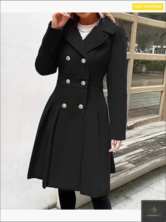 Double Breasted Wool Blend Pea Coat Notch Lapel A-Line Slim Flared Trench - Picture 5 of 5